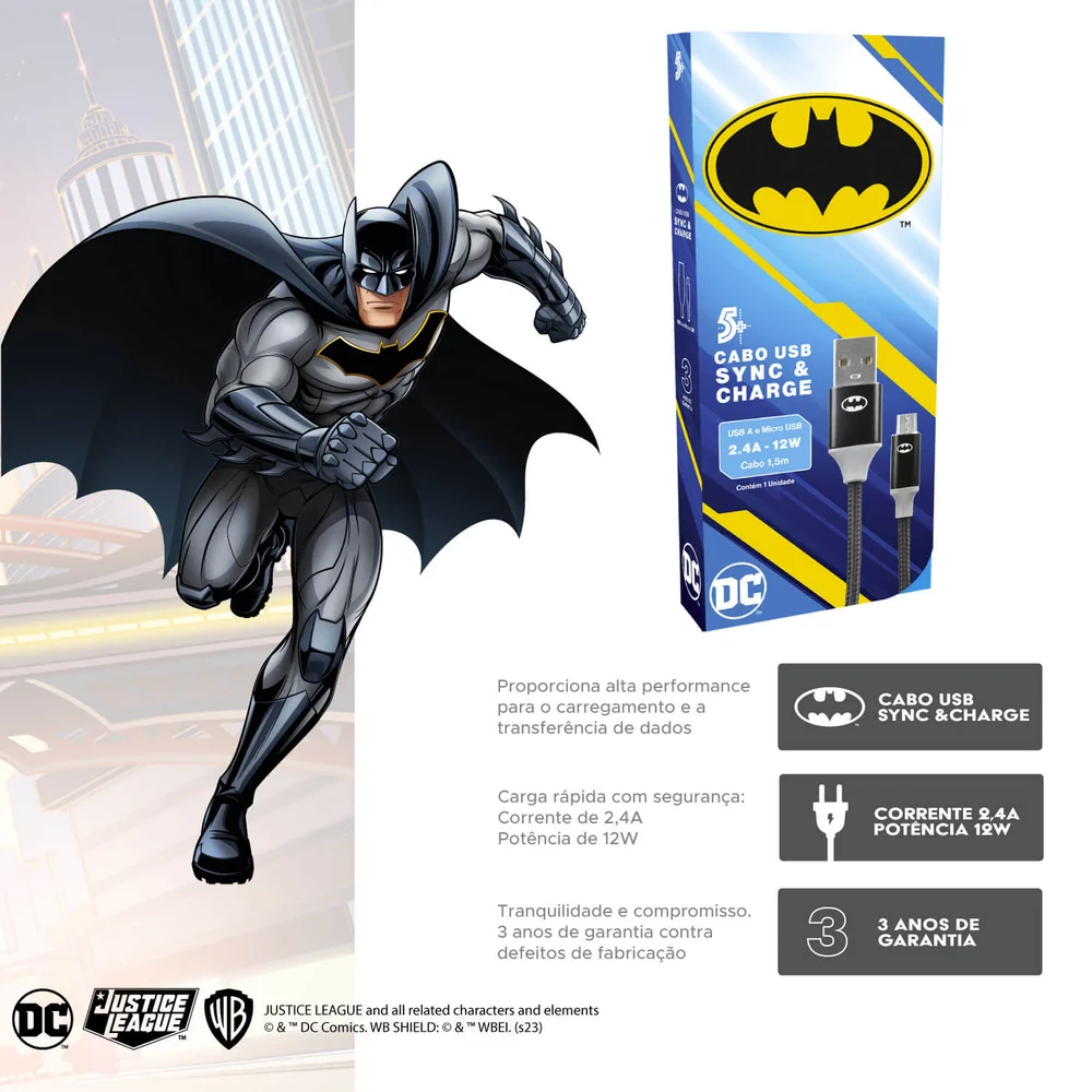 Imagem 2 de 5 do produto 5+ Cabo Usb A Para Micro Usb, 2.0, 1,5m - Dc Mobile – Batman