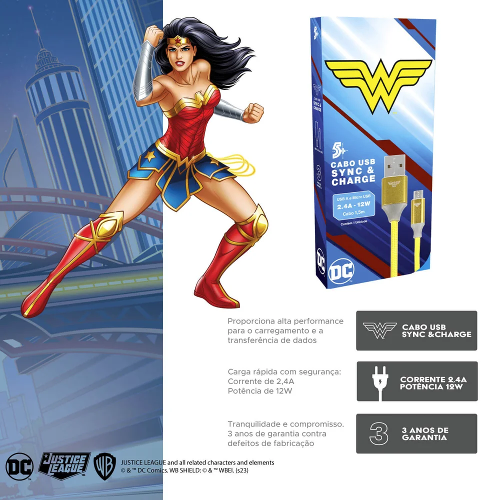 Imagem 2 de 5 do produto Cabo Usb Para Micro Usb 2.0 Wonder Woman 1,5m Dc Mobile