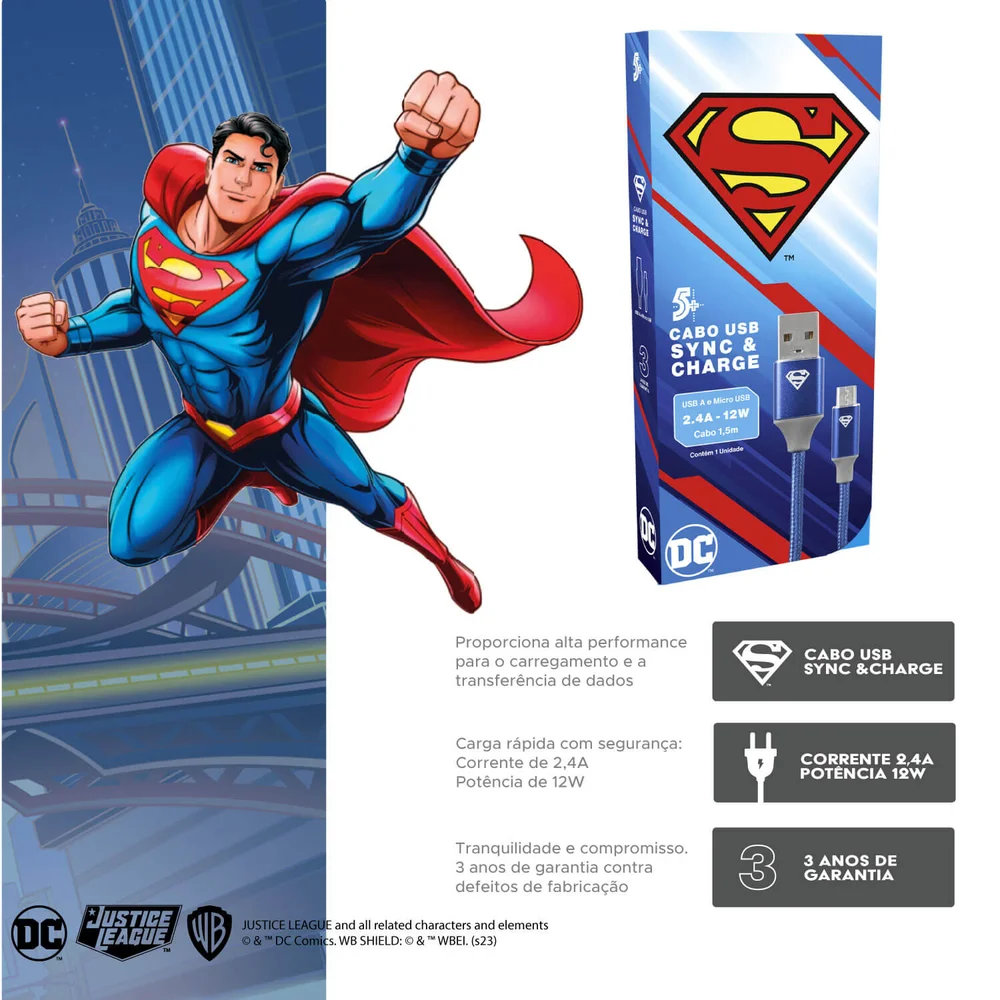 Imagem 2 de 5 do produto Cabo Turbo Para Carregador 1,5m Usb-a P/ Micro Usb - Superman