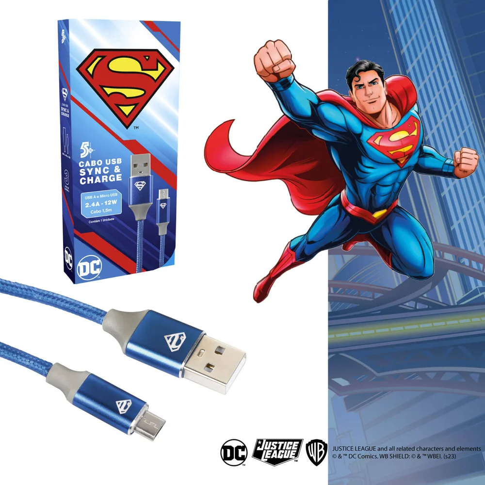 Imagem 3 de 5 do produto Cabo Turbo Para Carregador 1,5m Usb-a P/ Micro Usb - Superman