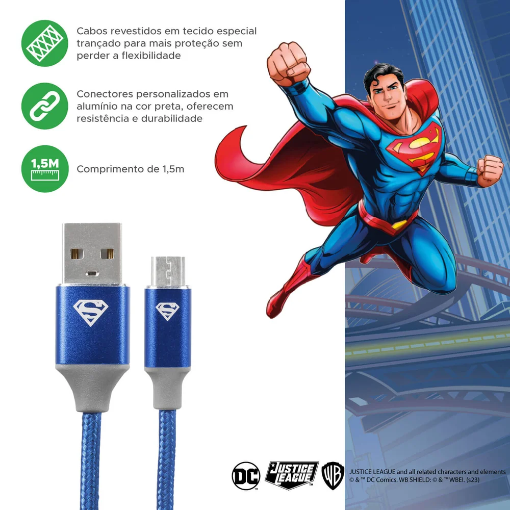 Imagem 4 de 5 do produto Cabo Turbo Para Carregador 1,5m Usb-a P/ Micro Usb - Superman