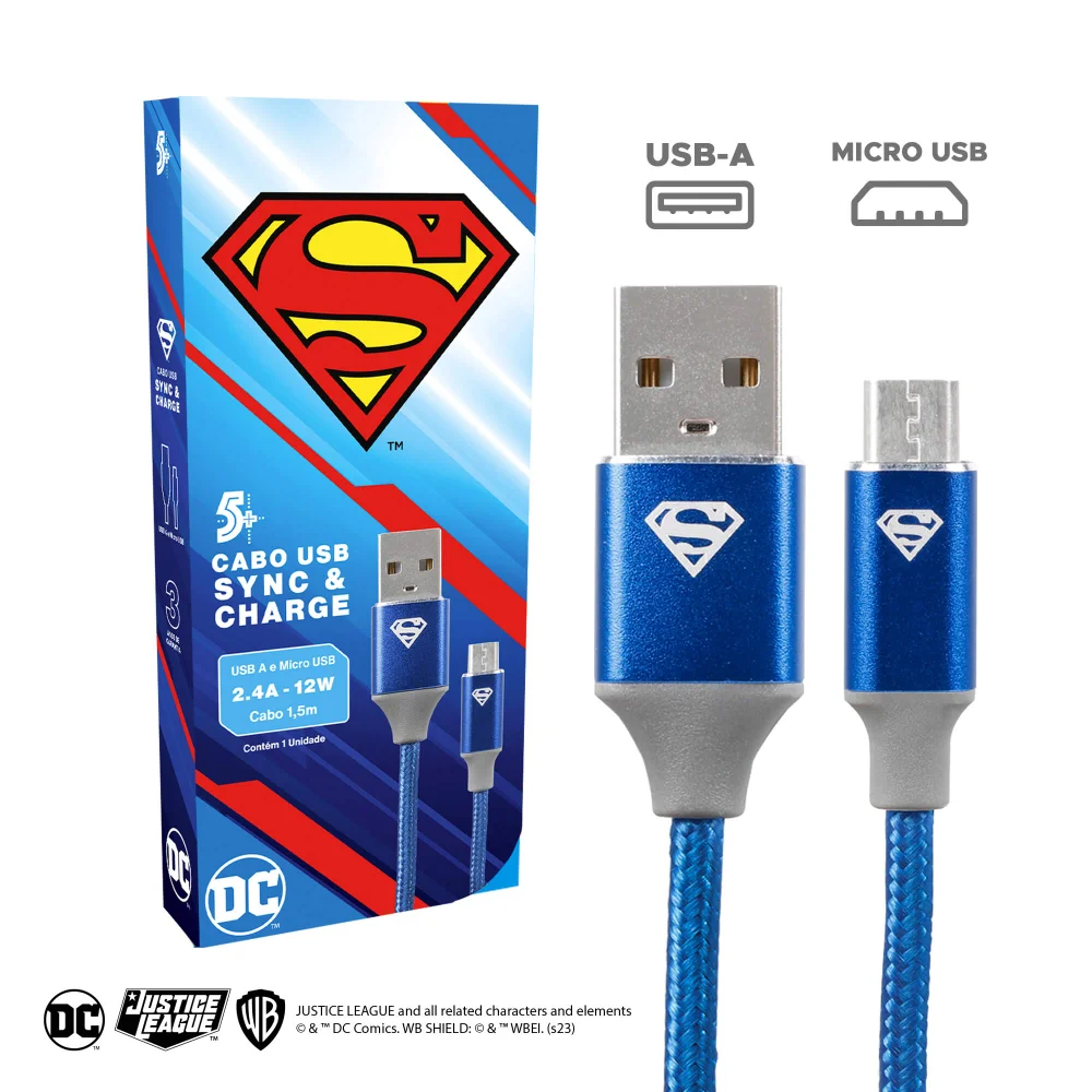 Imagem 5 de 5 do produto Cabo Turbo Para Carregador 1,5m Usb-a P/ Micro Usb - Superman