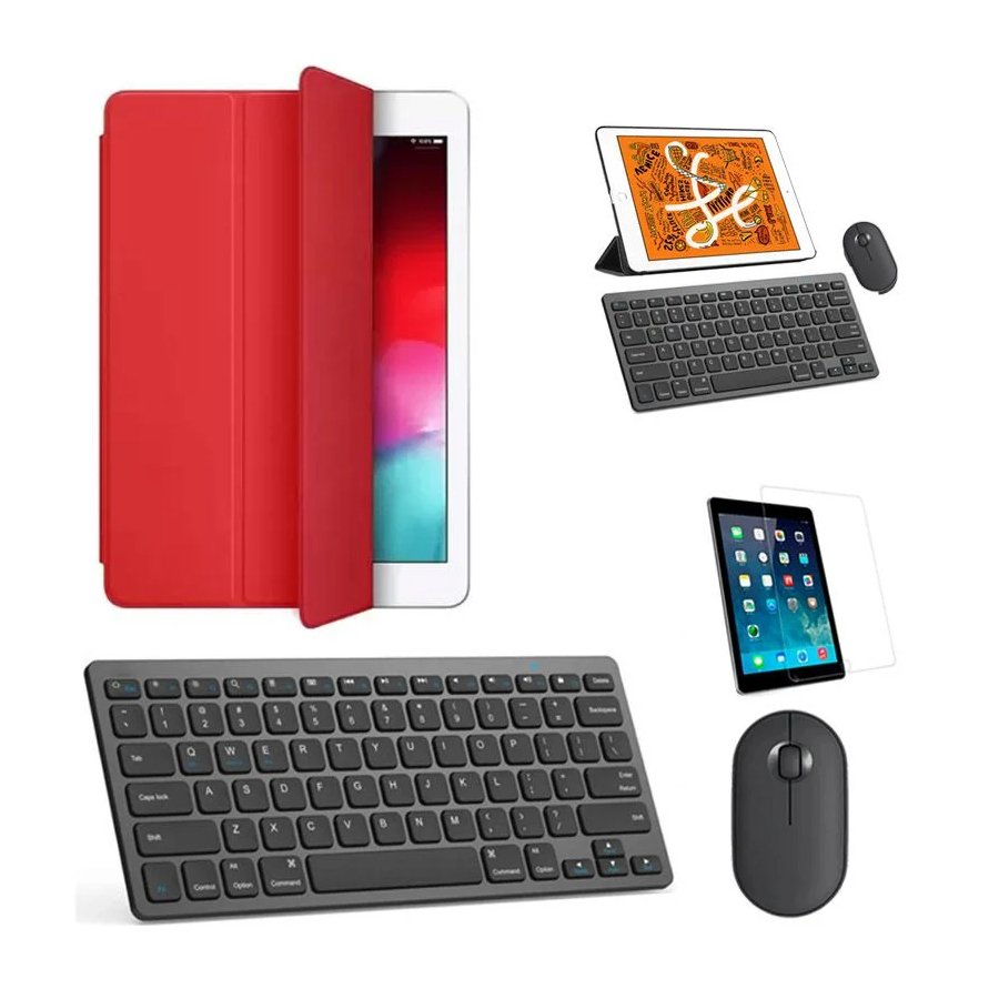 Kit Capa Smart Case Vermelho / Teclado E Mouse Preto E Película Para Tablet 2021 9a Geração 10.2"