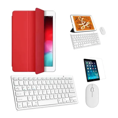 Kit Capa Smart Case Vermelho / Teclado E Mouse Branco E Película Para Tablet 2021 9a Geração 10.2"