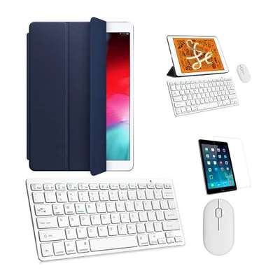 Kit Capa Smart Case Azul Escuro / Teclado E Mouse Branco E Película Para Tablet 2021 9a Geração 10.2"