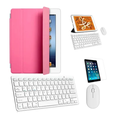 Kit Capa Smart Case Rosa / Teclado E Mouse Branco E Película Para Tablet 2021 9a Geração 10.2"