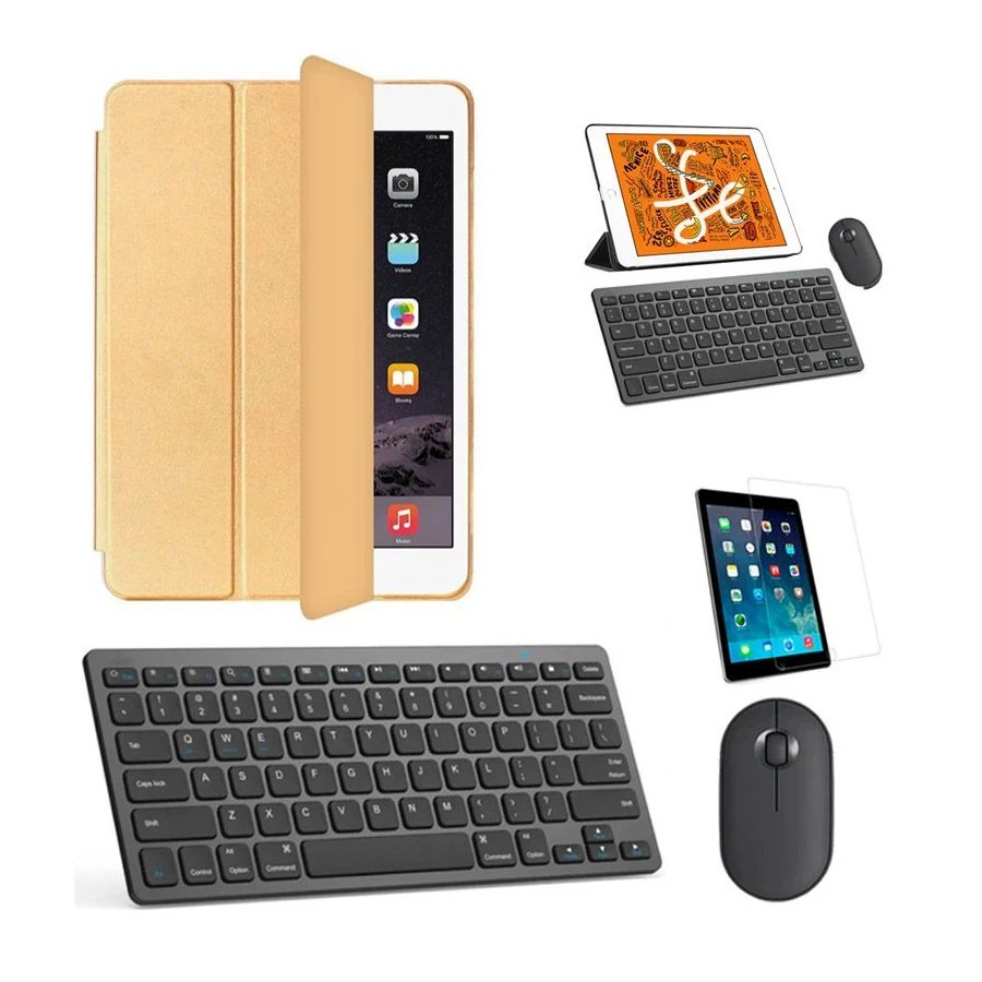 Kit Capa Smart Case Dourado / Teclado E Mouse Preto E Película Para Tablet 2021 9a Geração 10.2"