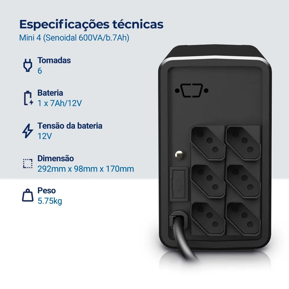 Imagem 3 de 3 do produto Nobreak Nhs Mini 4 Senoidal 600va Bivolt 120v Bat 7ah