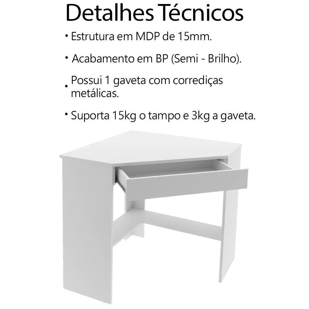 Imagem 3 de 5 do produto Escrivaninha Mesa Escritorio De Canto 76,5 Cm Me4169 Branco
