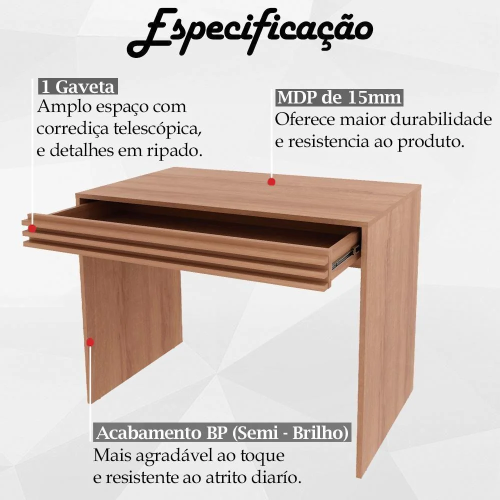 Imagem 2 de 5 do produto Escrivaninha Mesa Escritorio 1 Gaveta Ripada Amendoa