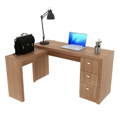Mesa Em L Para Escritório 3 Gavetas Me4101 Amêndoa - Tecno Mobili