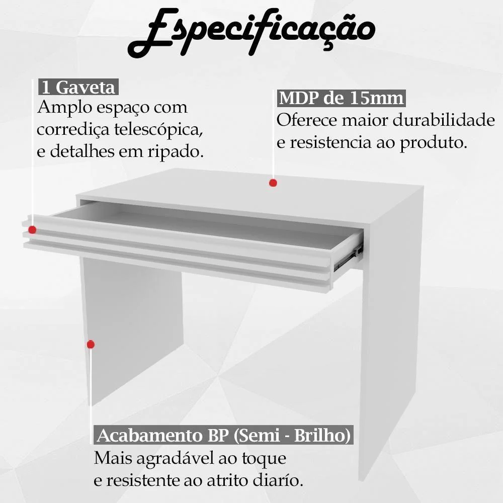 Imagem 2 de 5 do produto Escrivaninha Mesa Escritorio 1 Gaveta Ripada Me4173 Branco