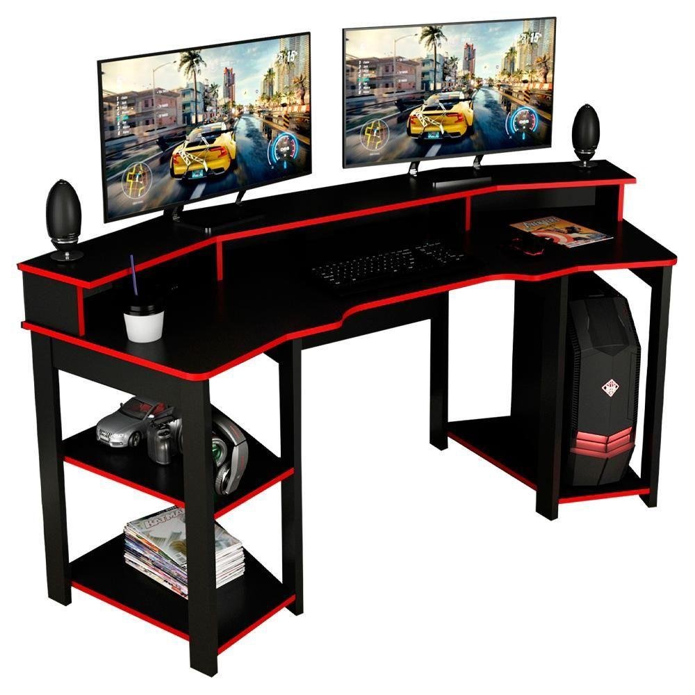 Mesa Gamer Cockpit 3 Prateleiras Preto Vermelho