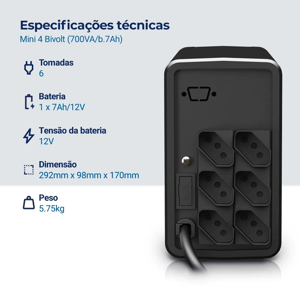 Imagem 3 de 3 do produto Nobreak Nhs Mini 4 90.b1.007100 Entrada Bivolt Saída 120v (700va/b.7ah)