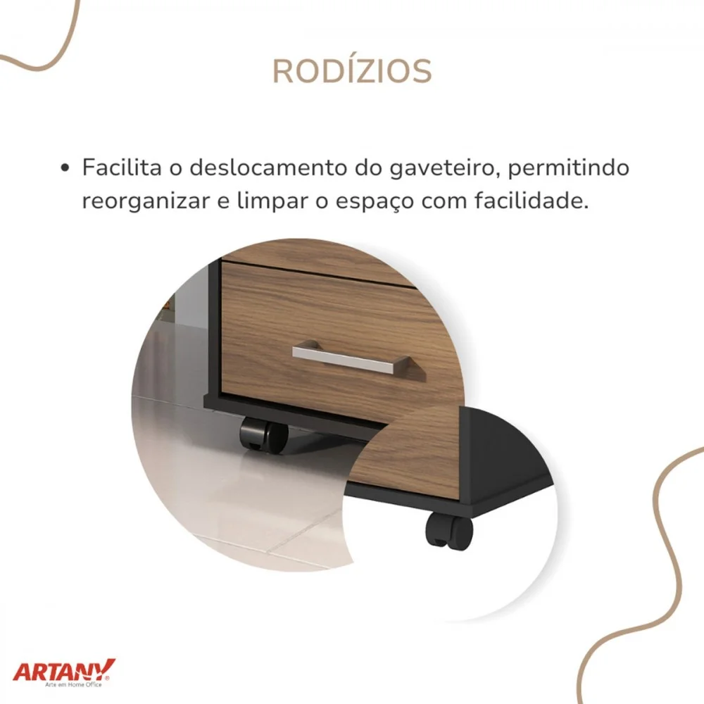 Imagem 2 de 5 do produto Gaveteiro Tamburato 3 Gavetas Nogal/preto - Artany Móveis