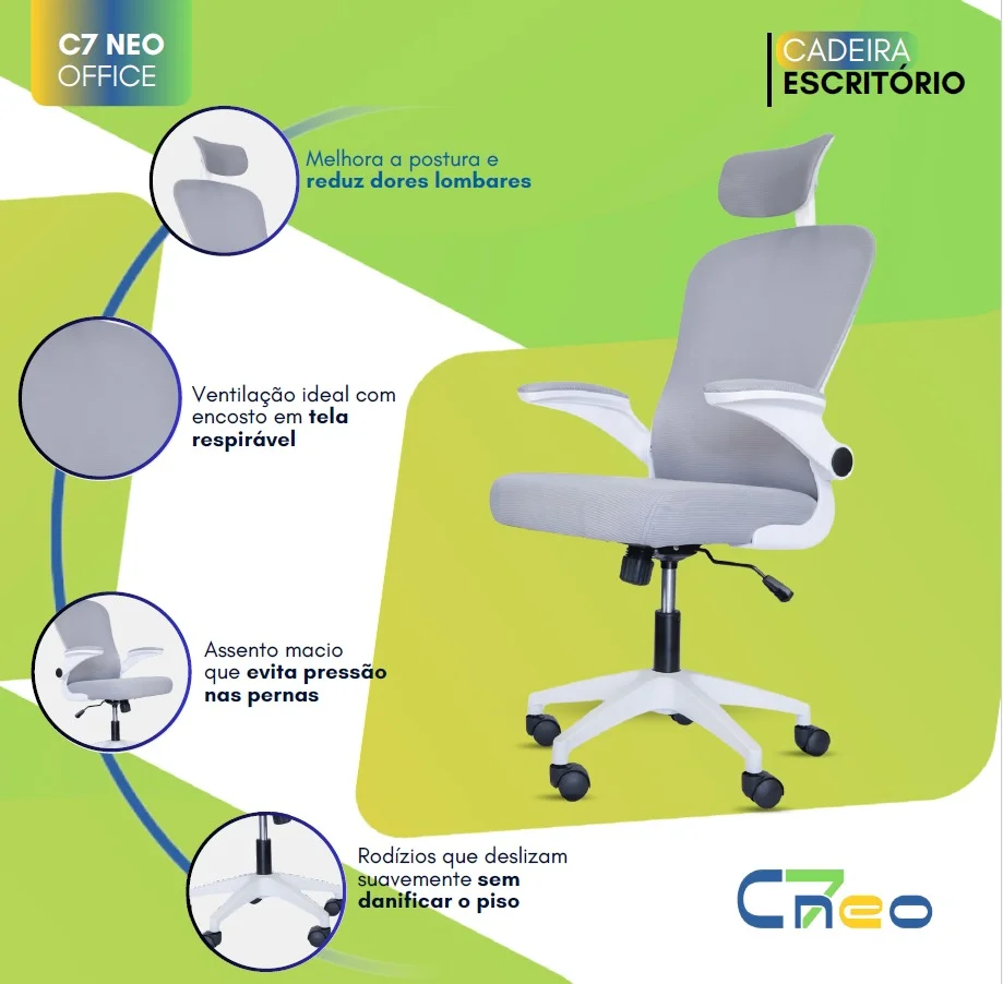 Imagem 3 de 5 do produto Cadeira Executiva Ergonômica C7 Neo Office com Apoio Lombar, Tela Mesh, Ajuste de Altura e Base Giratória - Branca