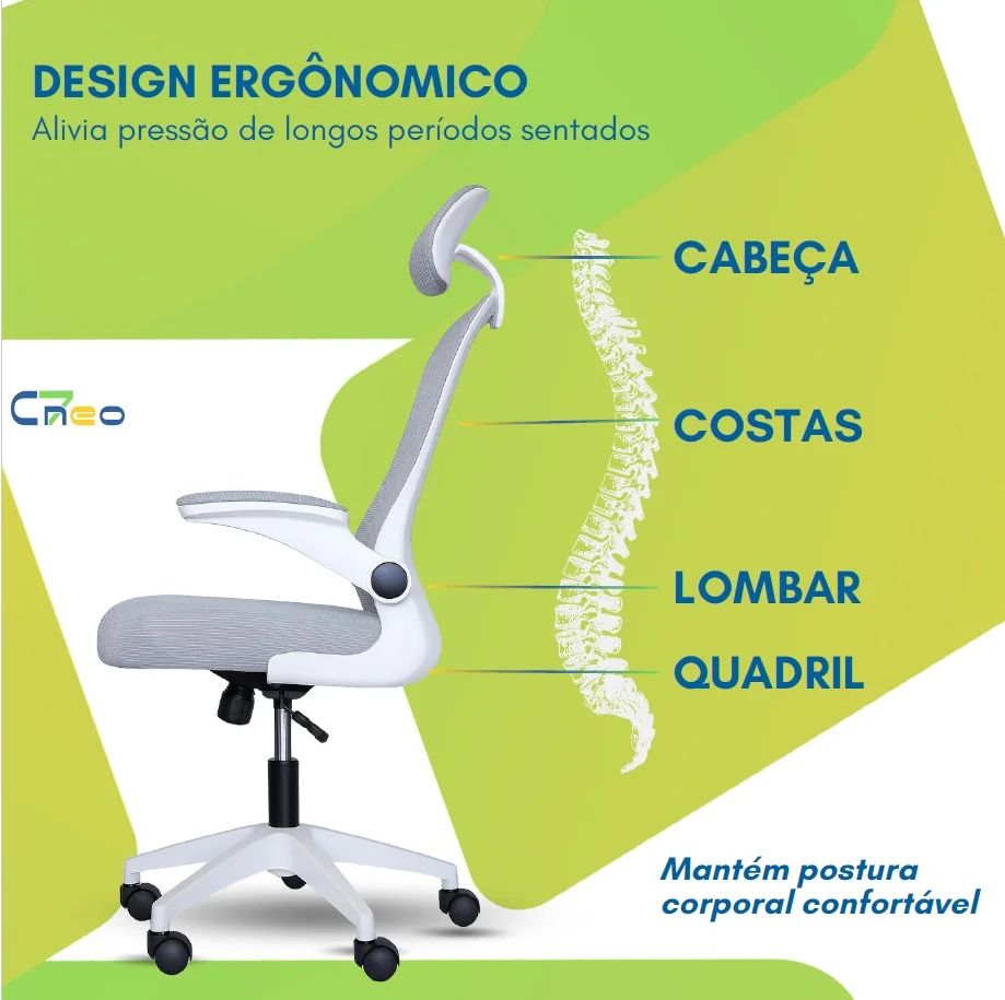 Imagem 4 de 5 do produto Cadeira Executiva Ergonômica C7 Neo Office com Apoio Lombar, Tela Mesh, Ajuste de Altura e Base Giratória - Branca
