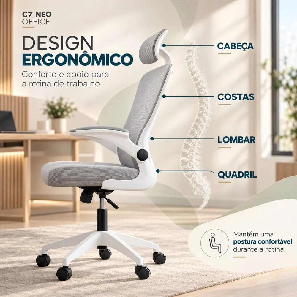 Imagem 2 de 5 do produto Cadeira Executiva Ergonômica C7 Neo Office com Apoio Lombar, Tela Mesh, Ajuste de Altura e Base Giratória - Branca