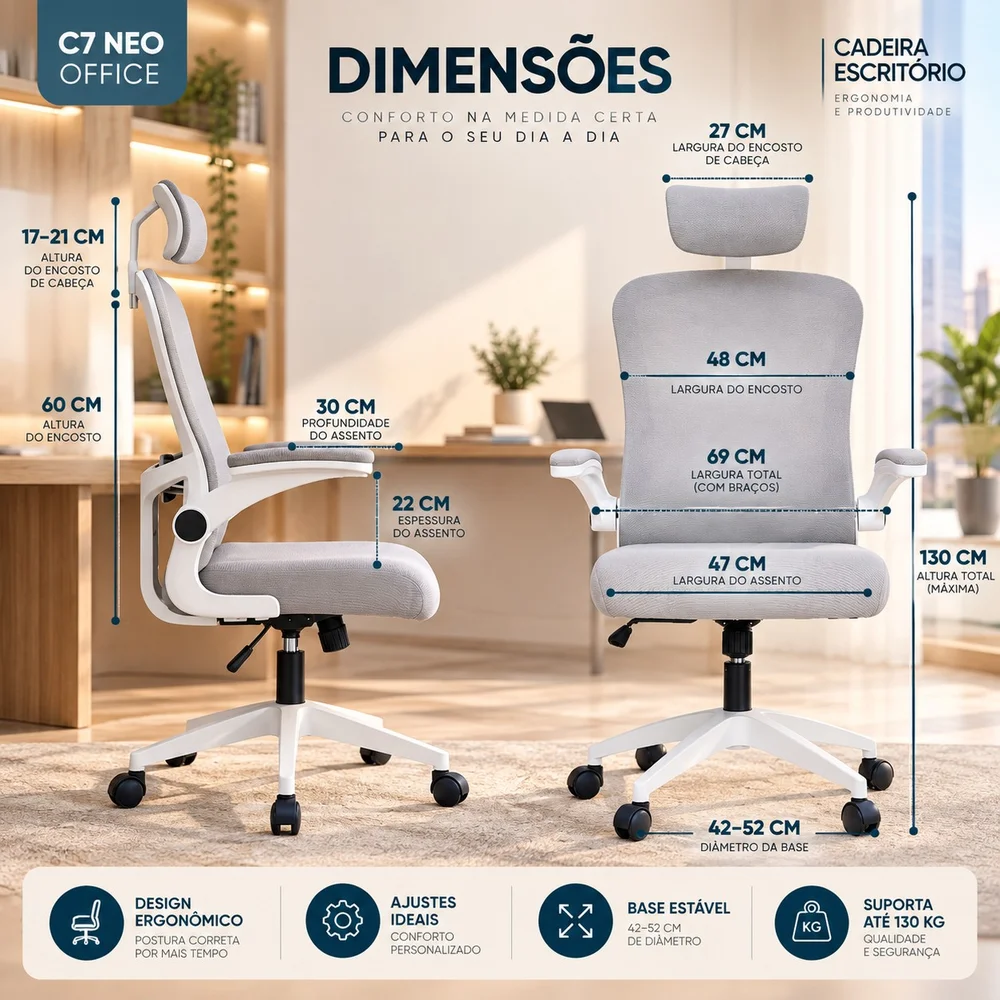 Imagem 3 de 5 do produto Cadeira Executiva Ergonômica C7 Neo Office com Apoio Lombar, Tela Mesh, Ajuste de Altura e Base Giratória - Branca