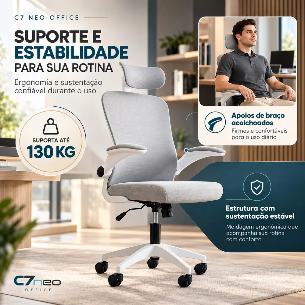 Imagem 4 de 5 do produto Cadeira Executiva Ergonômica C7 Neo Office com Apoio Lombar, Tela Mesh, Ajuste de Altura e Base Giratória - Branca