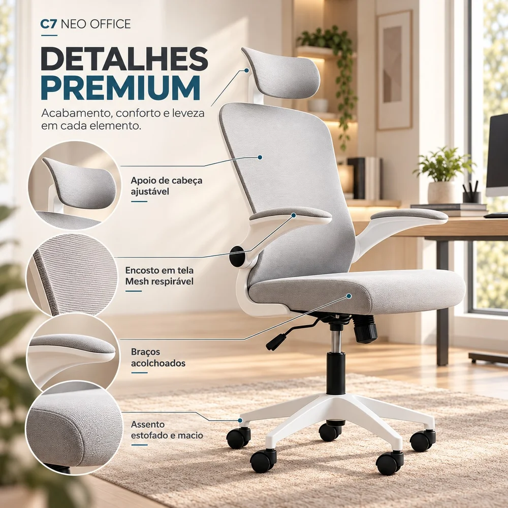 Imagem 5 de 5 do produto Cadeira Executiva Ergonômica C7 Neo Office com Apoio Lombar, Tela Mesh, Ajuste de Altura e Base Giratória - Branca