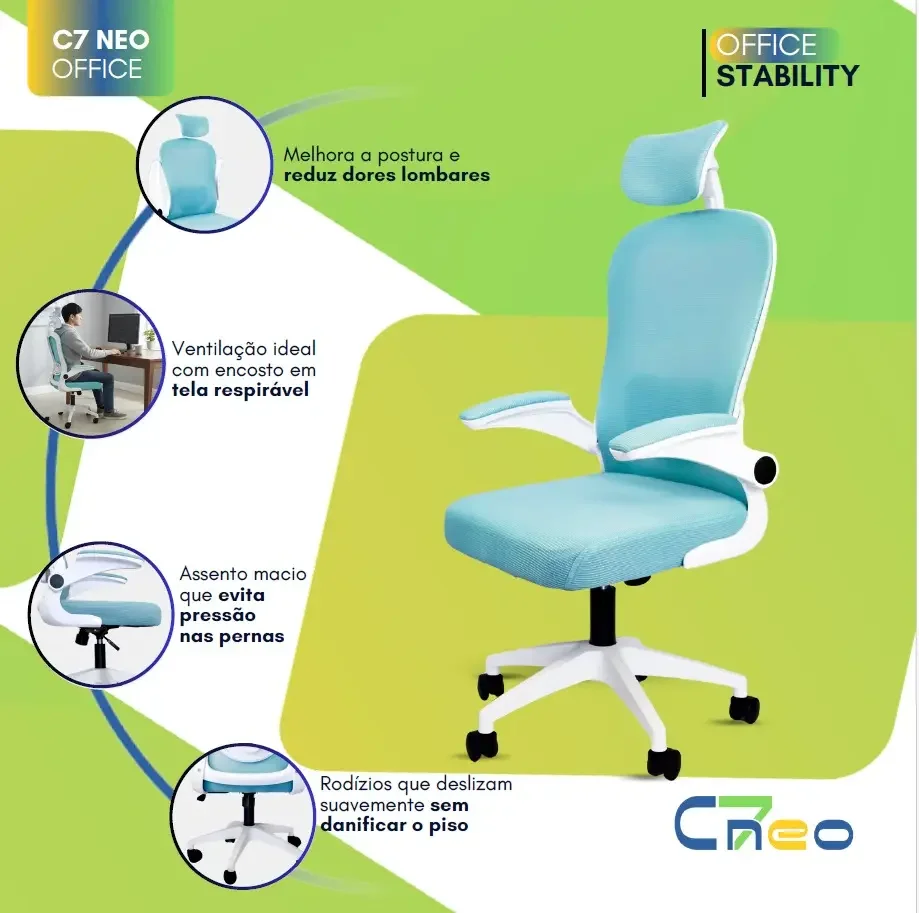 Imagem 3 de 5 do produto Cadeira Executiva Diretor Ergonômica C7 Neo Office, Tela Mesh, Confortável e Resistente - Azul