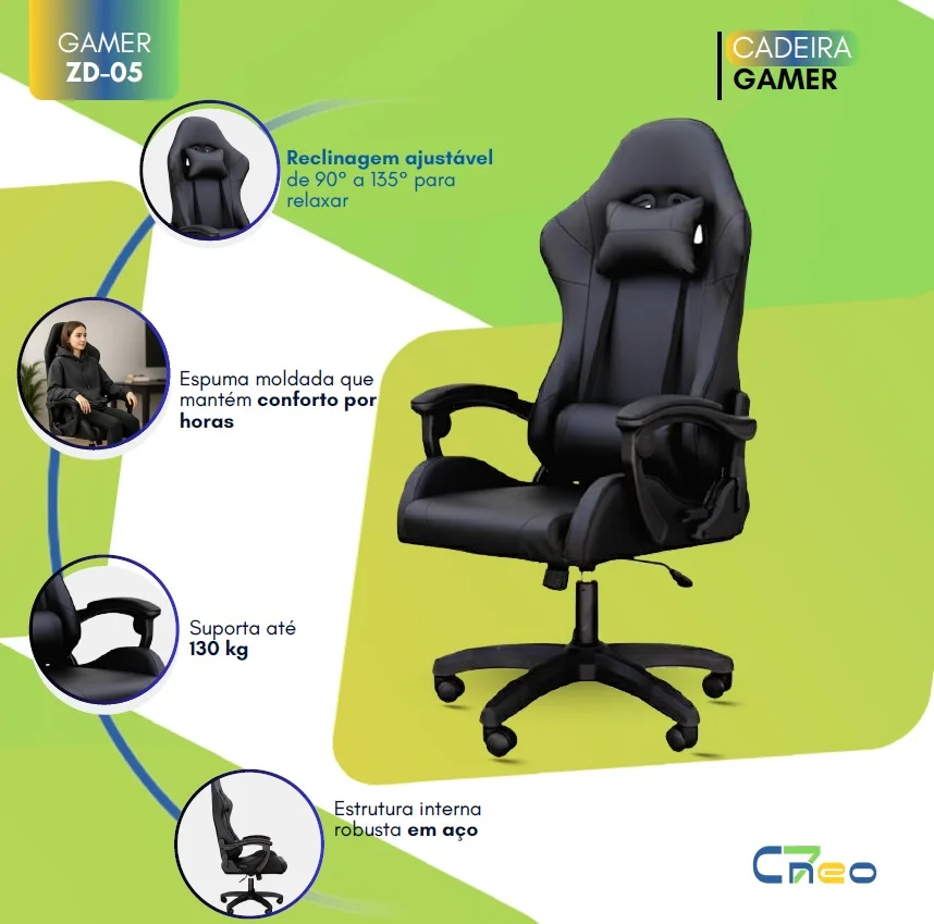 Cadeira Gamer C7 Neo Ergonômica com Almofadas de Cabeça e Lombar, Design Resistente - Preta e Branca - Preta Cadeira Gamer C7 Neo Ergonômica com Almofadas de Cabeça e Lombar, Design Resistente - Preta e Branca - Preta