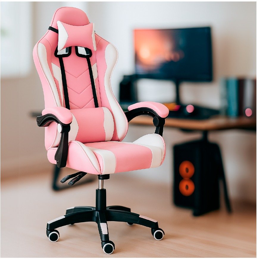 Cadeira Gamer Setup Profissional Escritório Ergonômica Gamers Reclinável Base giratória Apoio Lombar Resistente Home Office C7 Neo Comfort -  Rosa e Branco