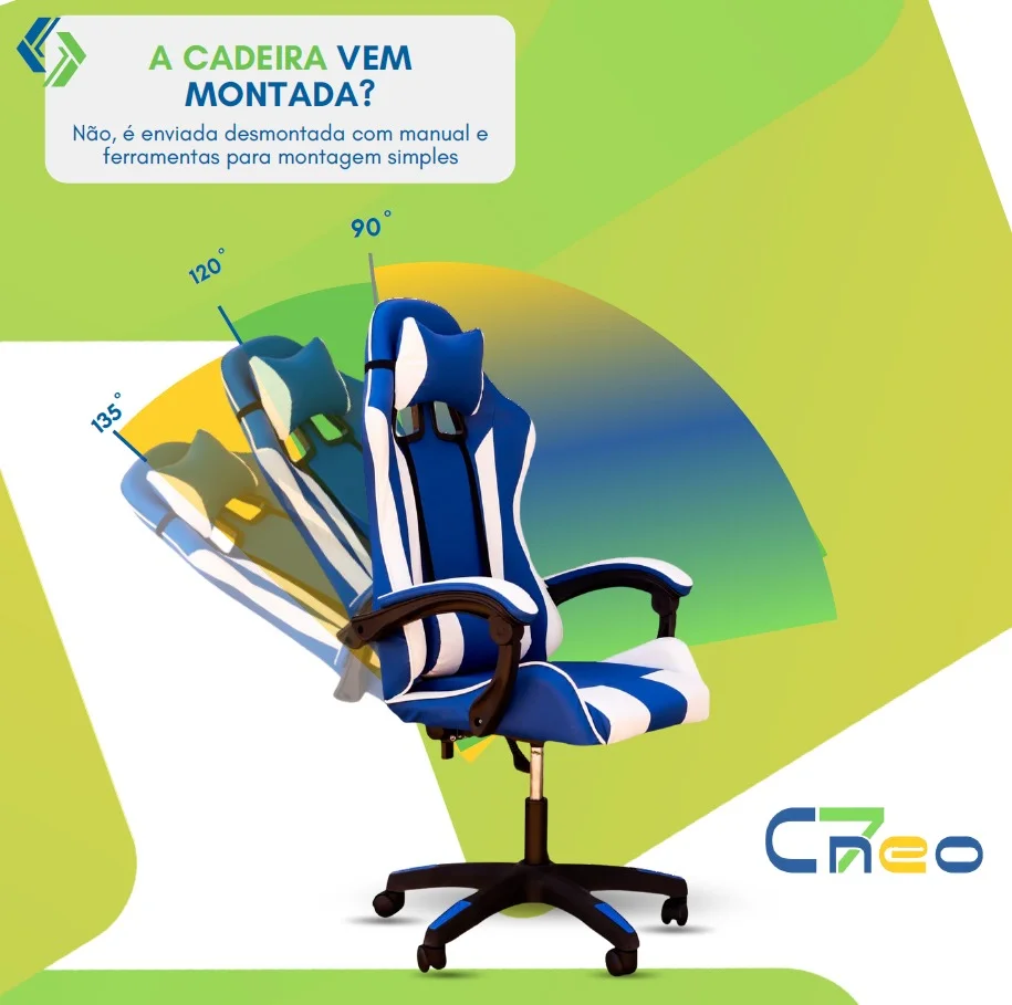 Cadeira Gamer Ergonômica C7 Neo Comfort Reclinável com Apoio Lombar, Base Giratória e Ajuste de Altura - Azul e Branco Cadeira Gamer Ergonômica C7 Neo Comfort Reclinável com Apoio Lombar, Base Giratória e Ajuste de Altura - Azul e Branco