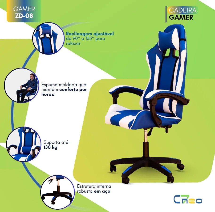 Cadeira Gamer Ergonômica C7 Neo Comfort Reclinável com Apoio Lombar, Base Giratória e Ajuste de Altura - Azul e Branco Cadeira Gamer Ergonômica C7 Neo Comfort Reclinável com Apoio Lombar, Base Giratória e Ajuste de Altura - Azul e Branco