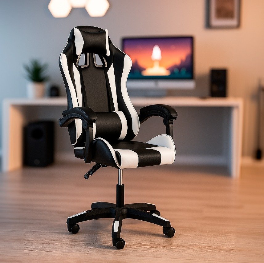 Cadeira Gamer Setup Profissional Escritório Ergonômica Gamers Reclinável Base giratória Apoio Lombar Resistente Home Office C7 Neo Comfort - Preto e Branco