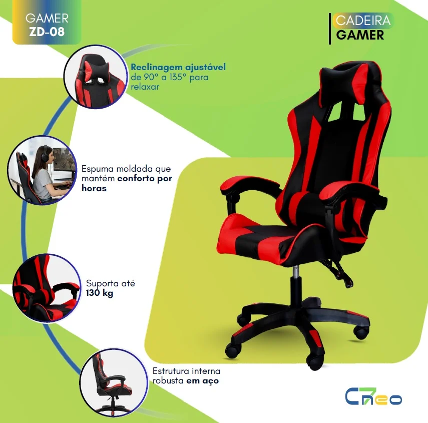 Cadeira Gamer Setup Profissional Escritório Ergonômica Gamers Reclinável Base giratória Apoio Lombar Resistente Home Office C7 Neo Comfort - Preto e Vermelho Cadeira Gamer Setup Profissional Escritório Ergonômica Gamers Reclinável Base giratória Apoio Lombar Resistente Home Office C7 Neo Comfort - Preto e Vermelho