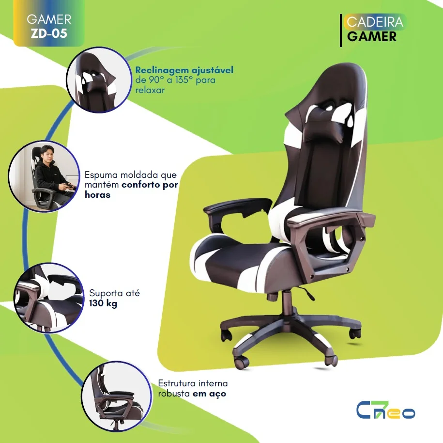 Cadeira Gamer C7 Neo Ergonômica com Almofadas de Cabeça e Lombar, Design Resistente - Preta e Branca - Preta e Branca Cadeira Gamer C7 Neo Ergonômica com Almofadas de Cabeça e Lombar, Design Resistente - Preta e Branca - Preta e Branca