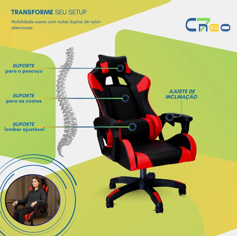 Cadeira Gamer C7 Neo Ergonômica com Almofadas de Cabeça e Lombar, Design Resistente - Preto e Vermelho Cadeira Gamer C7 Neo Ergonômica com Almofadas de Cabeça e Lombar, Design Resistente - Preto e Vermelho