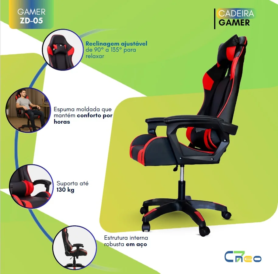 Cadeira Gamer C7 Neo Ergonômica com Almofadas de Cabeça e Lombar, Design Resistente - Preto e Vermelho Cadeira Gamer C7 Neo Ergonômica com Almofadas de Cabeça e Lombar, Design Resistente - Preto e Vermelho