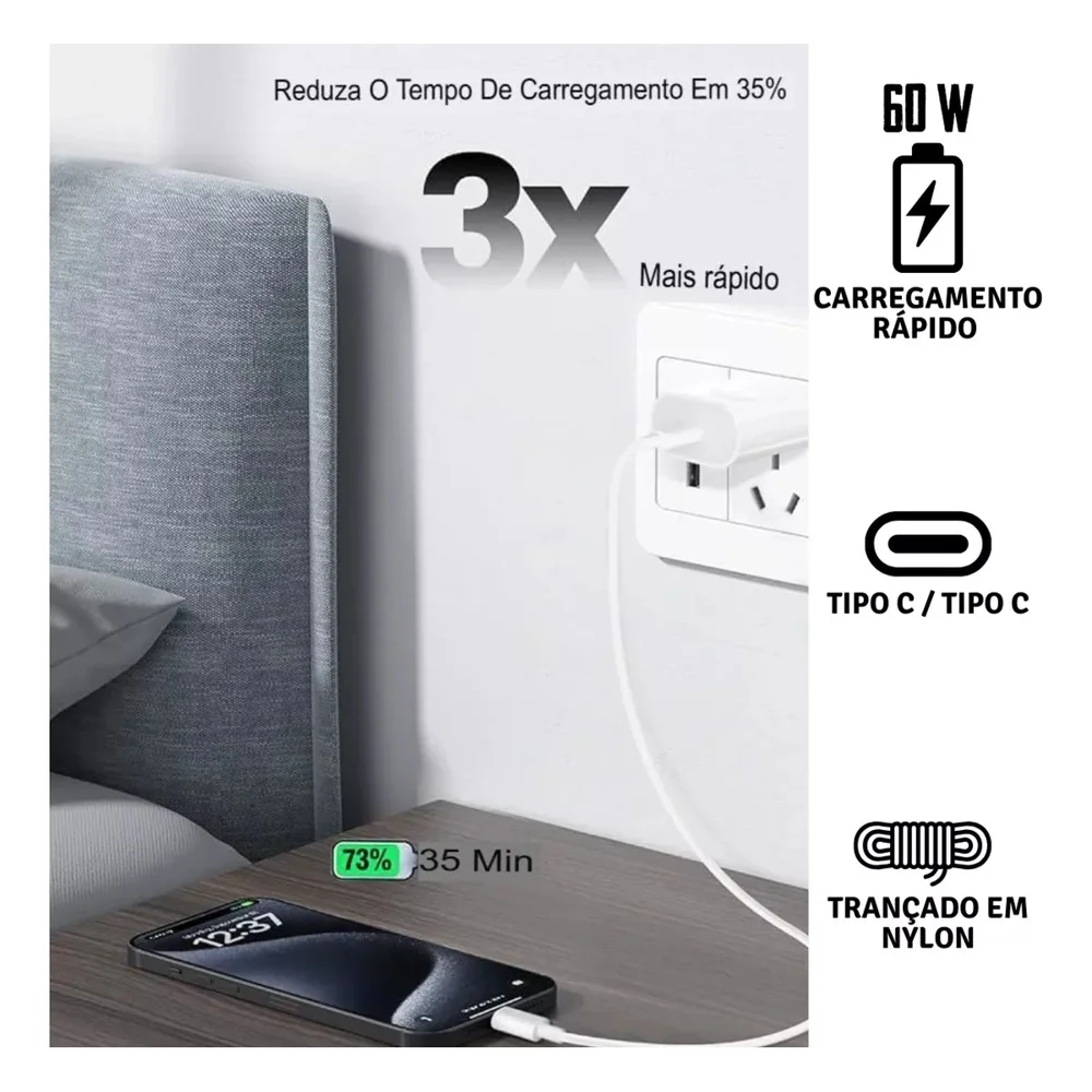 Imagem 3 de 5 do produto Cabo Usb-c Para Usb-c Branco Trançado Alta Velocidade