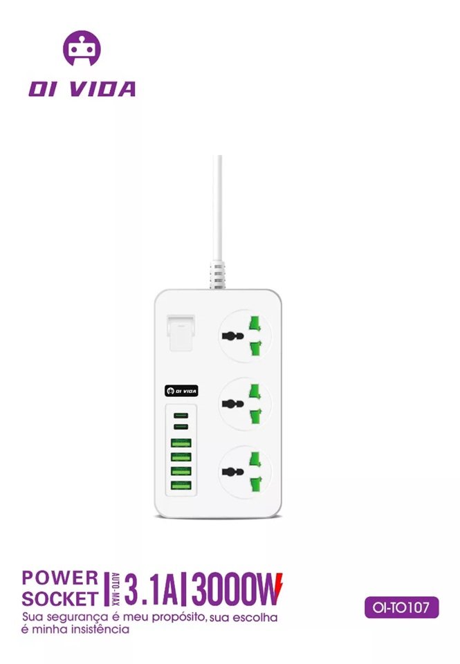 Filtro De Linha Extensão 3 Tomadas 4 Usb 2 Tipo C 3000w