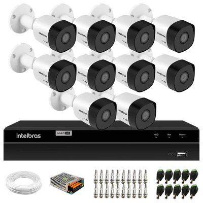 Kit 10 Câmeras Intelbras Vhd 3130 B Hd 720p Visão Noturna 30m Ip67 + Dvr Mhdx 1316 Full Hd 16 Canais