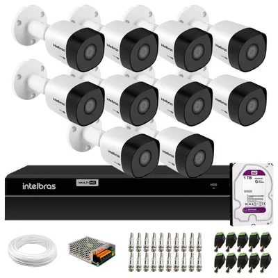 Kit 10 Câmeras Intelbras Vhd 3130 Bullet G6 Hd 720p Visão Noturna 30m Dvr Mhdx 1316 16 Canais Hd 1TB