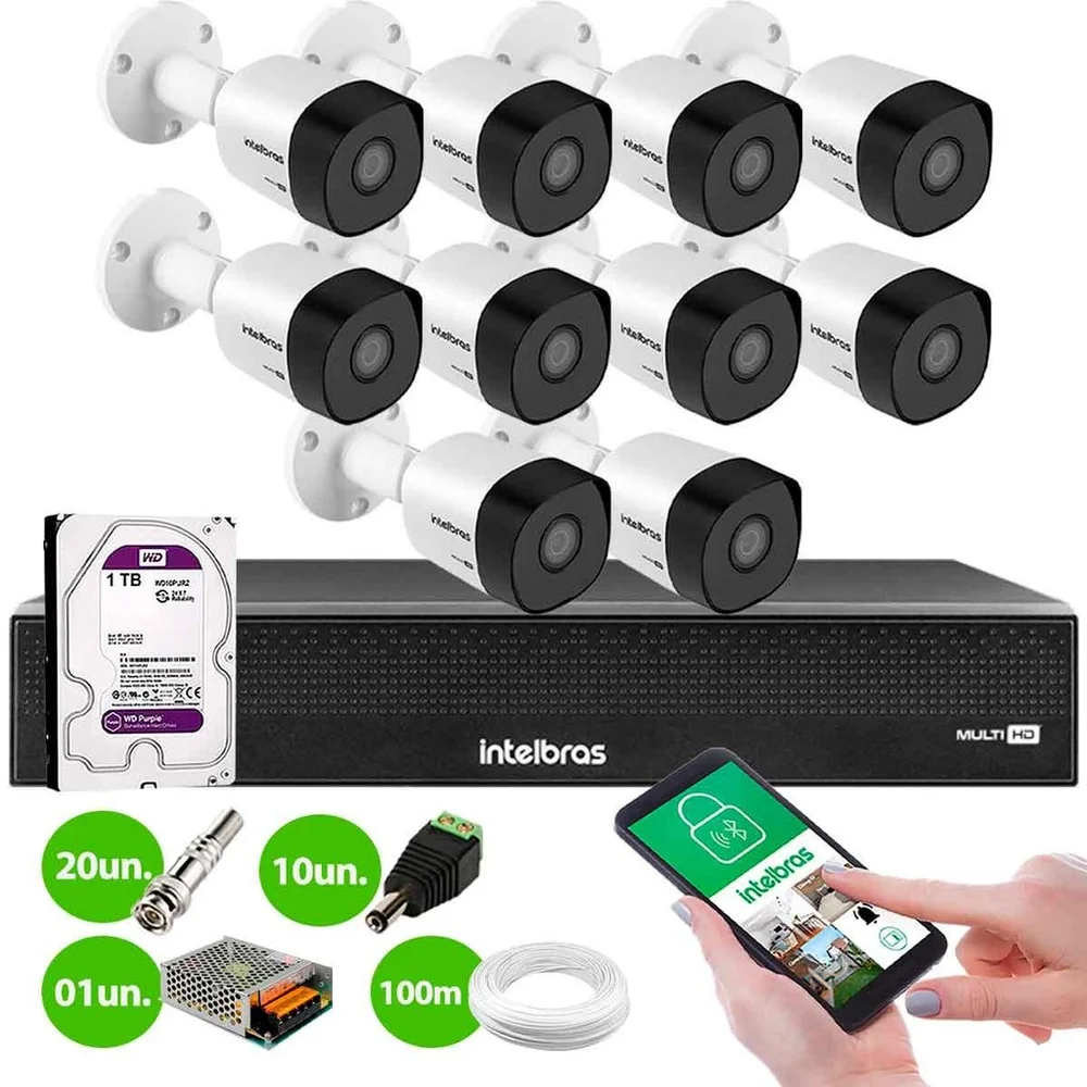 Imagem 5 de 5 do produto Kit 10 Câmeras Intelbras Vhd 3230 B G7 Full Hd Ip67 + Dvr Mhdx 3116-c 16 Canais + Hd 1TB Purple