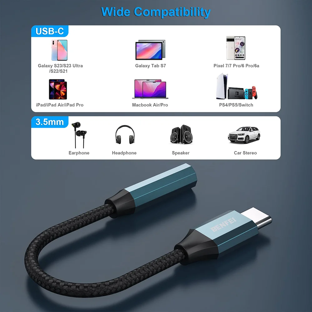 Imagem 2 de 5 do produto Adaptador Áudio Benfei Usb C P/3.5mm Fêmea Azul