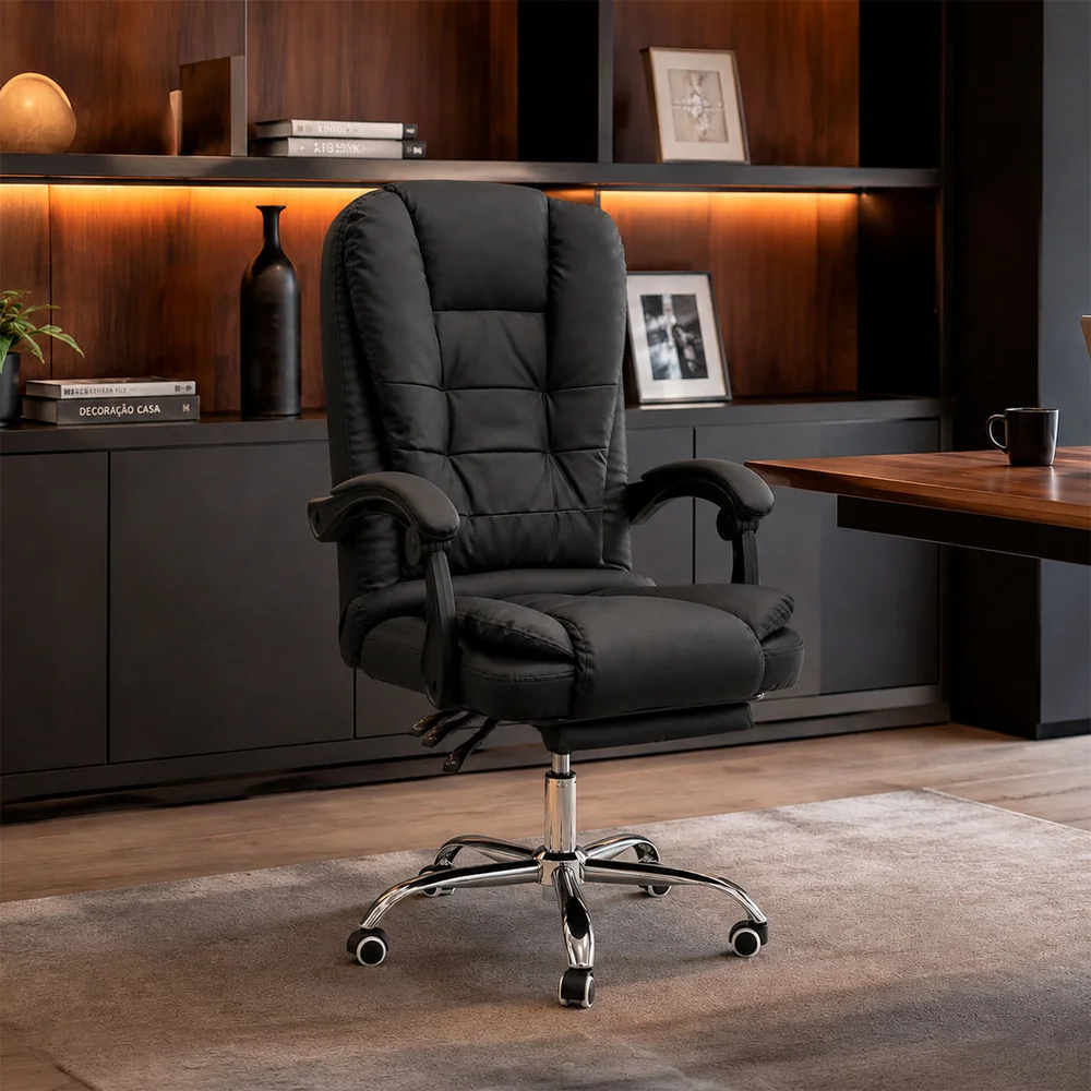 Cadeira de Escritório Presidente Preta Reclinável Ergonômica com Base Giratória e Rodízios para Home Office
