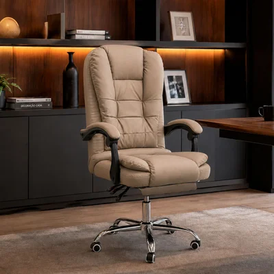 Cadeira de Escritório Presidente Bege Reclinável Ergonômica com Base Giratória e Rodízios para Home Office