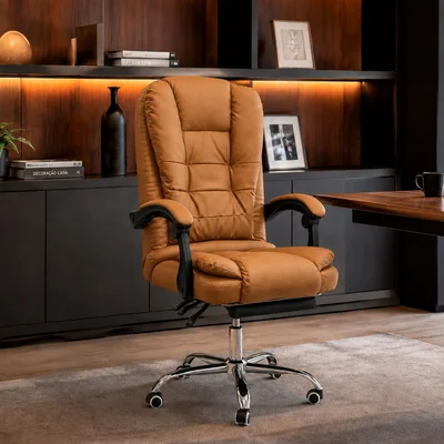 Cadeira de Escritório Presidente Marrom Reclinável Ergonômica com Base Giratória e Rodízios para Home Office