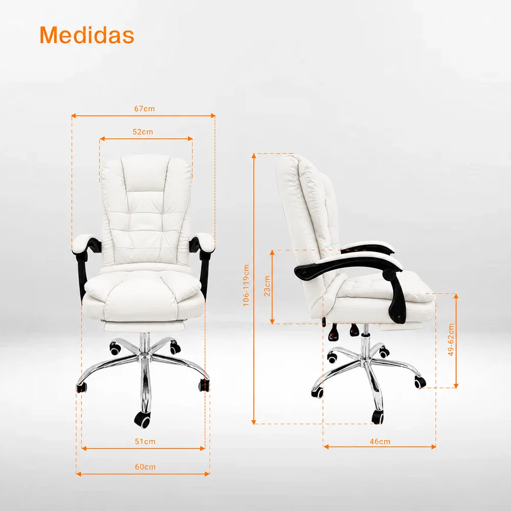 Imagem 2 de 5 do produto Cadeira de Escritório Presidente Branca Reclinável Ergonômica com Base Giratória e Rodízios para Home Office