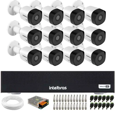 Kit 12 Câmeras Intelbras Vhd 3130 B G7 Hd 720 Visão Noturna 30m Ip67 + Dvr Mhdx 1016-c 16 Canais