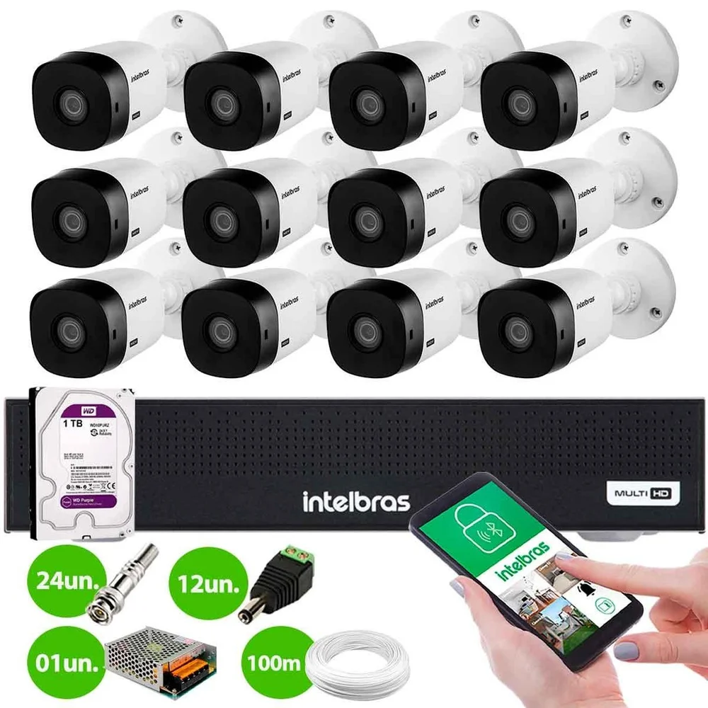 Kit 12 Câmeras Intelbras Vhl 1120 B Hdcvi Lite Hd 720p Visão Noturna 20m + Dvr Mhdx 1116c + Hd 1TB