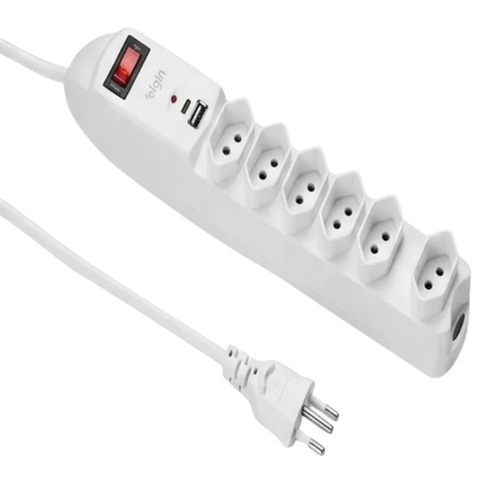 Imagem 2 de 5 do produto Filtro De Linha Elgin, 1.5 Metros, 6 Tomadas, Saídas Usb, Usb-c, 250v, 10a, Branco