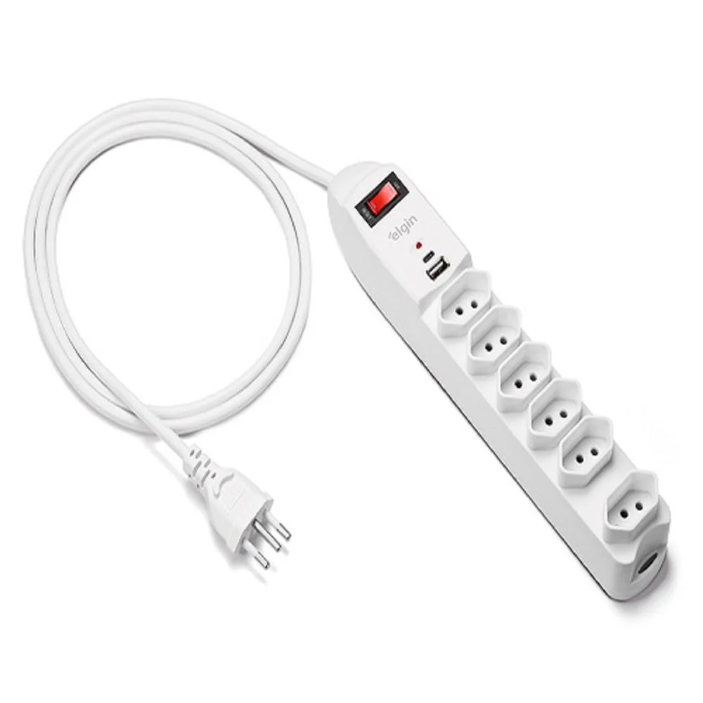 Imagem 3 de 5 do produto Filtro De Linha Elgin, 1.5 Metros, 6 Tomadas, Saídas Usb, Usb-c, 250v, 10a, Branco