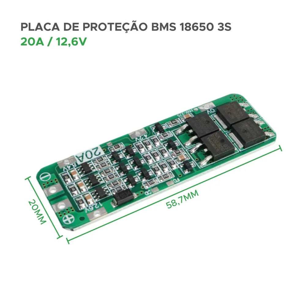 Imagem 5 de 5 do produto Placa De Proteção Para Baterias 18650 Bms 3s 20a 12,6v